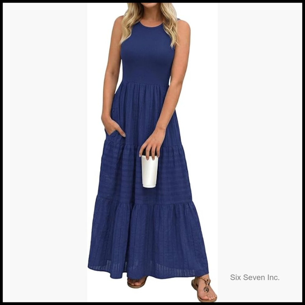 Sleeveless Cotton Maxi Dress A-Line Crew Neck Flowy Long Dress